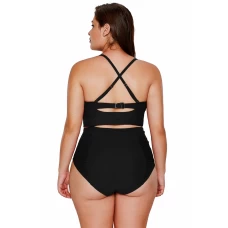 Womens Black Strappy Neck Detail Cropped Bikini Top High Waist Bottom Swimsuit Set