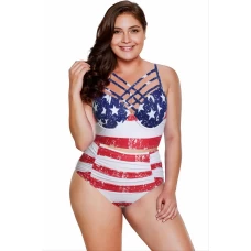 Womens American Flag Strappy Neck Detail Cropped Bikini Top High Waist Bottom Swimsuit Set