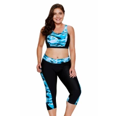 Womens 2Pcs Aquatic Print Accent Sleeveless Crop Top and Capris Swimsuit Set