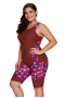 Womens 2Pc Burgundy Floral Insert Tankini and Short Sports Suit Set