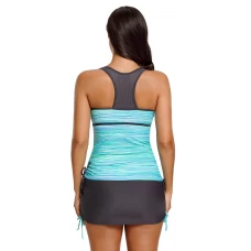 Womens Greenish Filtered Stripe Drawstring Sides Mesh Racherback 2Pc Tankini Swimsuit