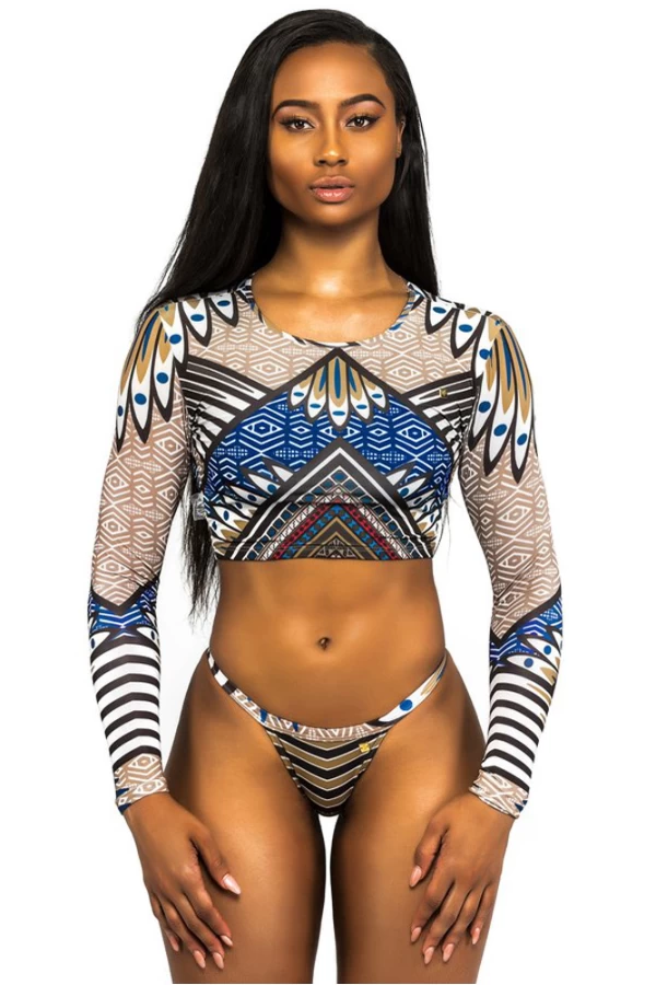 Womens Tribal African Print Round Neck Long Sleeve Cropped Tanga Swimsuit