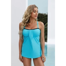 Womens Light Blue Ruched Bandeau Strappy Back 2Pc Tankinis