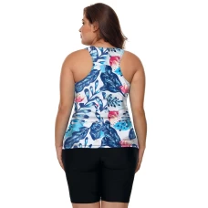Womens Blue Floral Print Lace-up Detail Racerback 2Pc Tankini Swimsuit