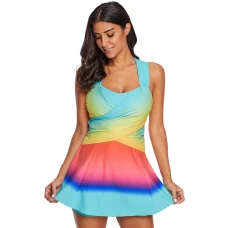 Womens Turquoise Ombre Tie Dye Wrap Front Criss Cross Swim Dress with Shorts