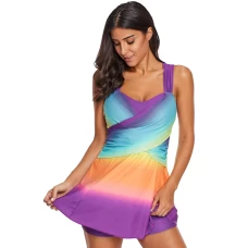 Womens Purple Ombre Tie Dye Wrap Front Criss Cross Swim Dress with Shorts