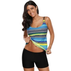 Womens 2Pcs Bluish Zigzag Print Scoop Neck Strappy Back Tankini Swimsuit Set