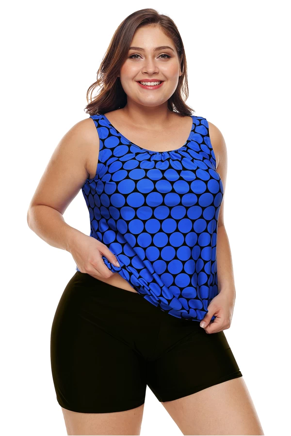 Womens 2Pc Blue Black Polka Dot Scoop Neck Tank Top and Short Swimsuit Set