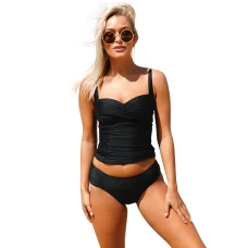 Womens Black Ruched Push Up Open Back Two Piece Bathing Suit