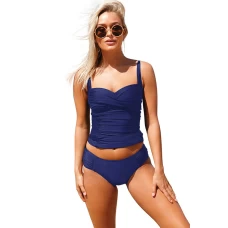 Womens Navy Ruched Push Up Open Back Two Piece Bathing Suit