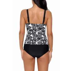 Womens Gray Leaf Print V Neck Thick Straps 2Pc Tankini Swimsuit