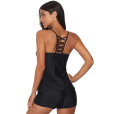 Womens 2Pcs Black Crisscross Hollow-out Tankini Swimsuit Set