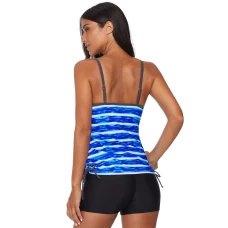 Womens Blue Print Keyhole Drawstring Sides High Neck 2Pc Tankini Swimwear