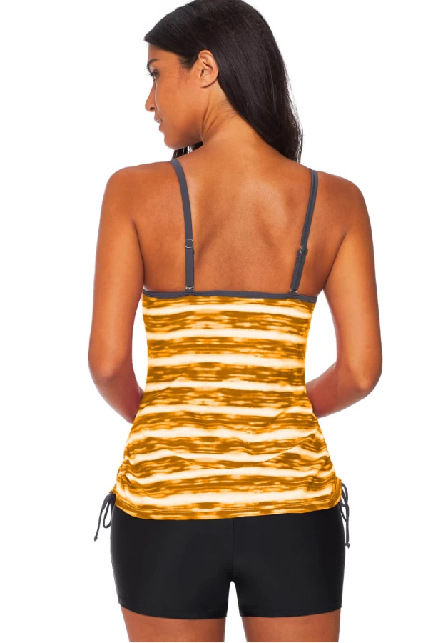 Womens Yellow Print Keyhole Drawstring Sides High Neck 2Pc Tankini Swimwear