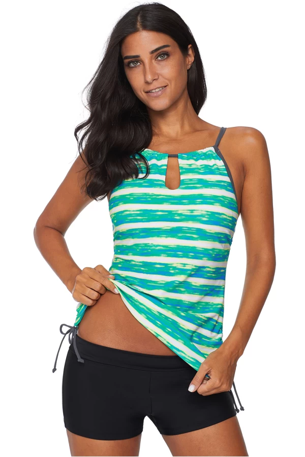 Womens Green Print Keyhole Drawstring Sides High Neck 2Pc Tankini Swimwear
