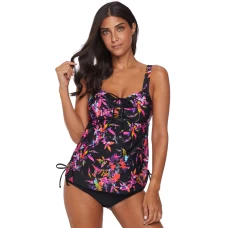 Womens Black Floral Print Cinch-Front Ruched Hollow-out Back 2Pc 2Pc Tankini Set