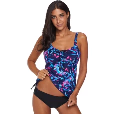 Womens Blue Floral Print Cinch-Front Ruched Hollow-out Back 2Pc 2Pc Tankini Set