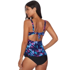 Womens Blue Floral Print Cinch-Front Ruched Hollow-out Back 2Pc 2Pc Tankini Set
