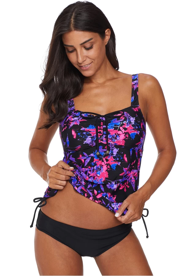 Womens Purple Floral Print Cinch-Front Ruched Hollow-out Back 2Pc Tankini Set