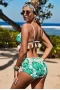 Womens 2Pcs White Tropical Print Tassel V Neck High Waist Bikini Set