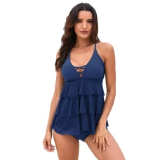 Womens Blue Cross Strap Tiered Hollow-out Back 2Pc Tankini Set