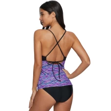 Womens Blue Banded Printed Open Back 2Pc Tankini Top with Triangle Briefs Swimsuit