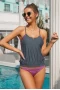 Womens Gray Mesh 2Pc Tankini with Stripes Patchwork