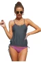 Womens Gray Mesh 2Pc Tankini with Stripes Patchwork