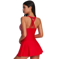 Womens 2Pcs Red Printed High Neck Strappy Back Tankini Swimdress with Boyshort Set