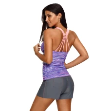 Womens 2Pcs Purple V Neck Wide Strap Printed Tankini Swimsuit Set