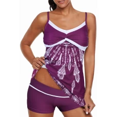 Womens Purple Twist Pleated Bust Flared Spaghetti Straps 2Pc Tankini Set Swimsuit