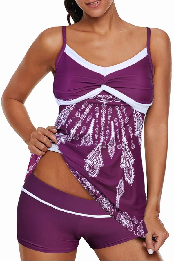 Womens Purple Twist Pleated Bust Flared Spaghetti Straps 2Pc Tankini Set Swimsuit