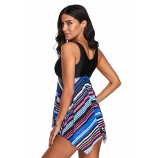 Womens Multicolor Striped Deep V Neck Asymmetrical Hem 2Pc Tankini Swimsuit