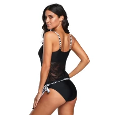 Womens 2Pcs Black Striped Strap Lace Sports Tankinis Swimsuit Set
