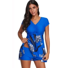 Womens 2Pcs Blue Printed Cinch-Front Short Sleeve Swimsuit with Boyshort Set