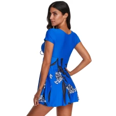 Womens 2Pcs Blue Printed Cinch-Front Short Sleeve Swimsuit with Boyshort Set