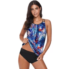 Womens Navy Print Ruched Criss Cross Hollow-out 2Pc Tankini Swimwear