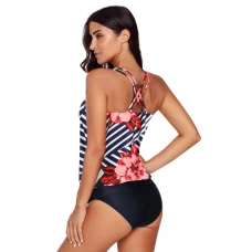 Womens Red Floral Print Ruched Criss Cross Hollow-out 2Pc Tankini Swimwear