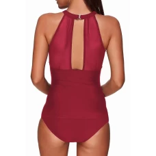 Womens Red High Neck Plunge Hollow-out Back Mesh Ruched 2Pc Tankini Swimwear