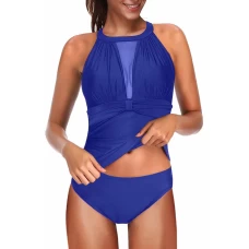 Womens Blue High Neck Plunge Hollow-out Back Mesh Ruched 2Pc Tankini Swimwear