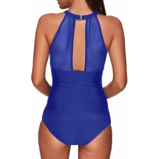Womens Blue High Neck Plunge Hollow-out Back Mesh Ruched 2Pc Tankini Swimwear