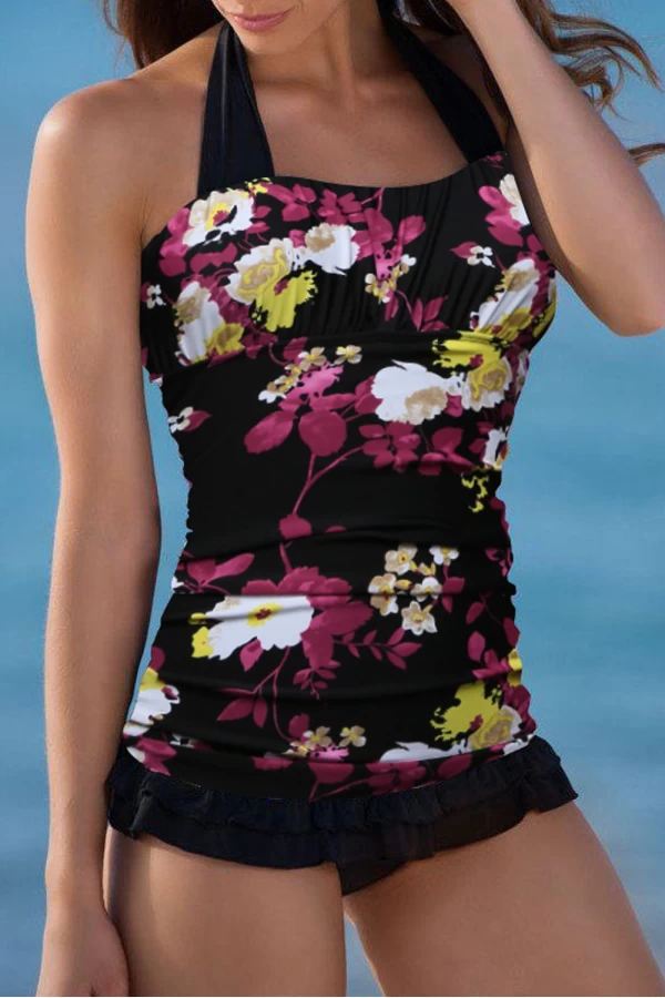 Womens Black Floral Print Open Back Ruched Halter 2Pc Tankini Set