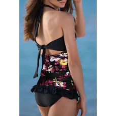 Womens Black Floral Print Open Back Ruched Halter 2Pc Tankini Set