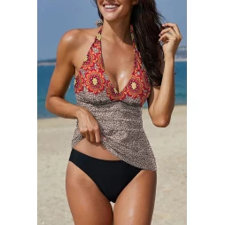 Floral Leopard Plunging V Halter Camisole and Panty 2Pc Tankini Set