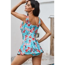 Womens Floral Print Ruched Deep V Neck 2Pc Tankinis