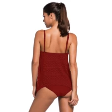 Womens Red Lace Overlay Sweetheart Neckline Spaghetti Straps 2Pc Tankini Swimsuit