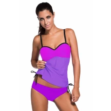 Womens Purple Blue Colorblock 2pcs Bandeau Tankini Swimsuit Set