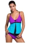 Women's Purple Blue Colorblock Plunging V Neck 2Pc Tankini Skort Bottom Swimsuit