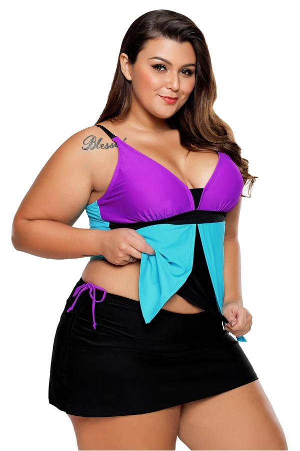 Women's Purple Blue Colorblock Plunging V Neck 2Pc Tankini Skort Bottom Swimsuit