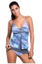 Women's Bluish Print Plunging V Neck 2Pc Tankini Skort Bottom Swimsuit